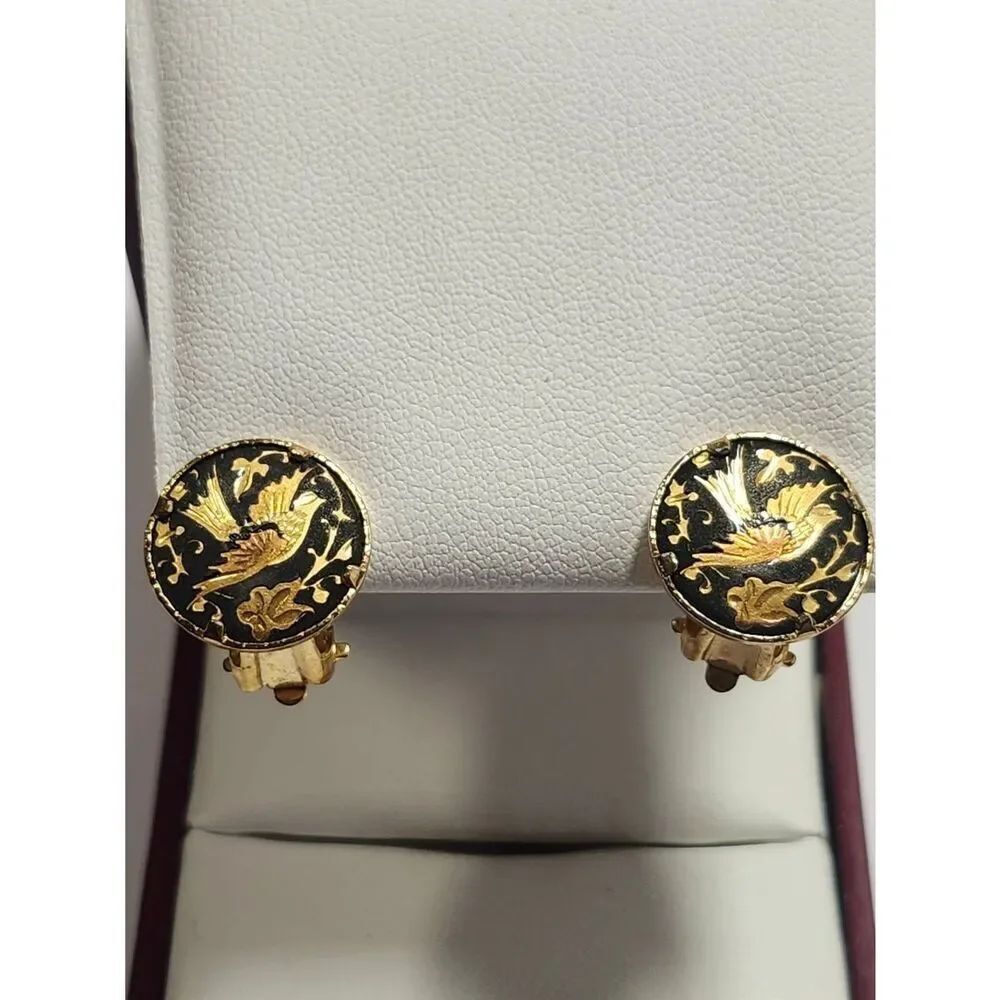 Damascene Gold and Black Floral Bird Clip-On Earrings - Women Jewelry